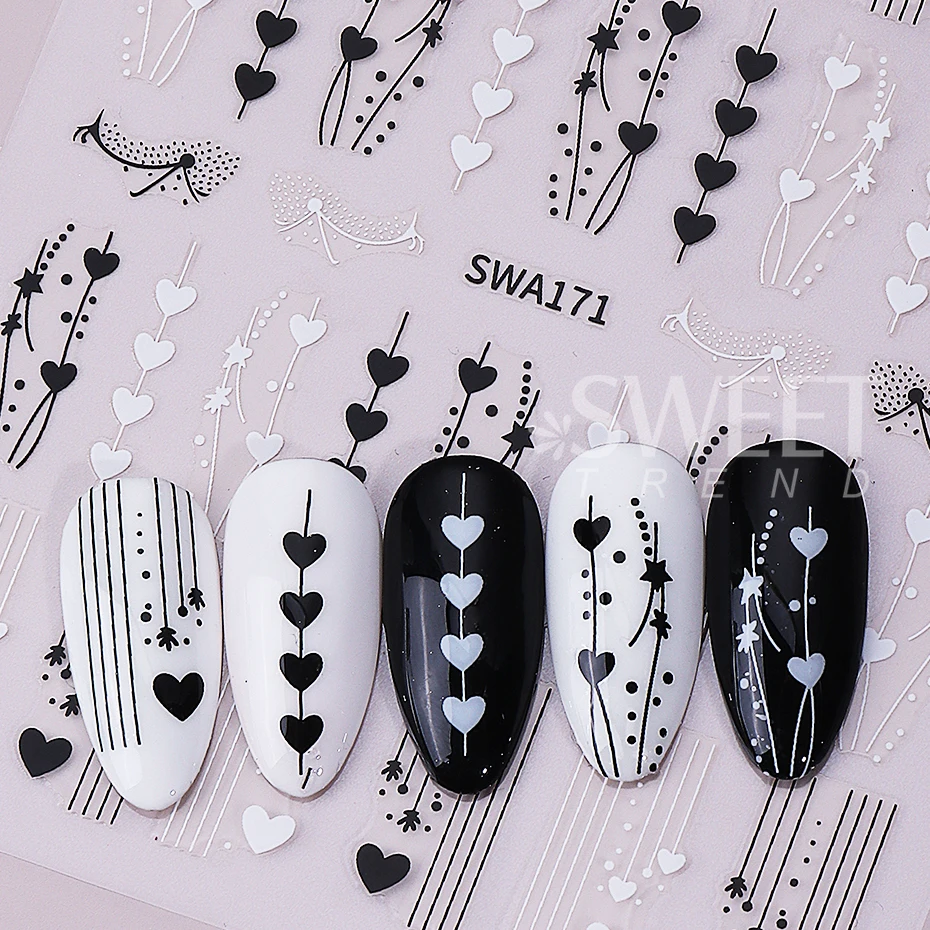 4pcs Black White Red Love Heart Nail Sticker Simple French Lines Star Love Adhesive Decal Valentine Design Manicure Decor Slider