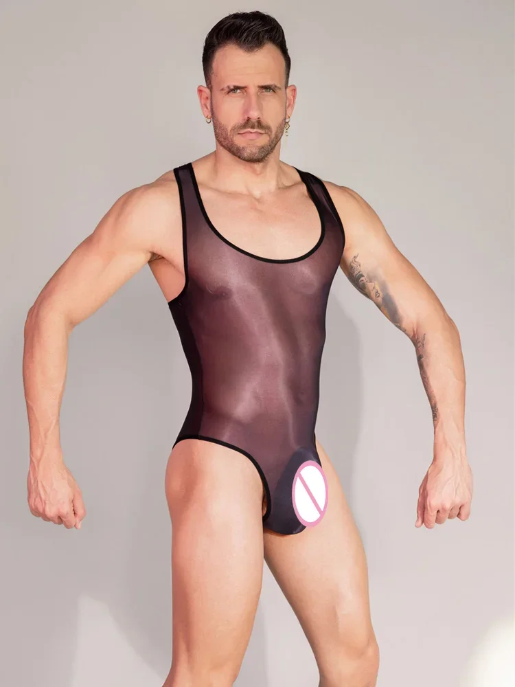 Men's Onesies Ultrathin Sheer See Through Bodysuit Oil Glossy Sexy Tight Elastic Shapping Unisex Leotard Comfortable Breathable