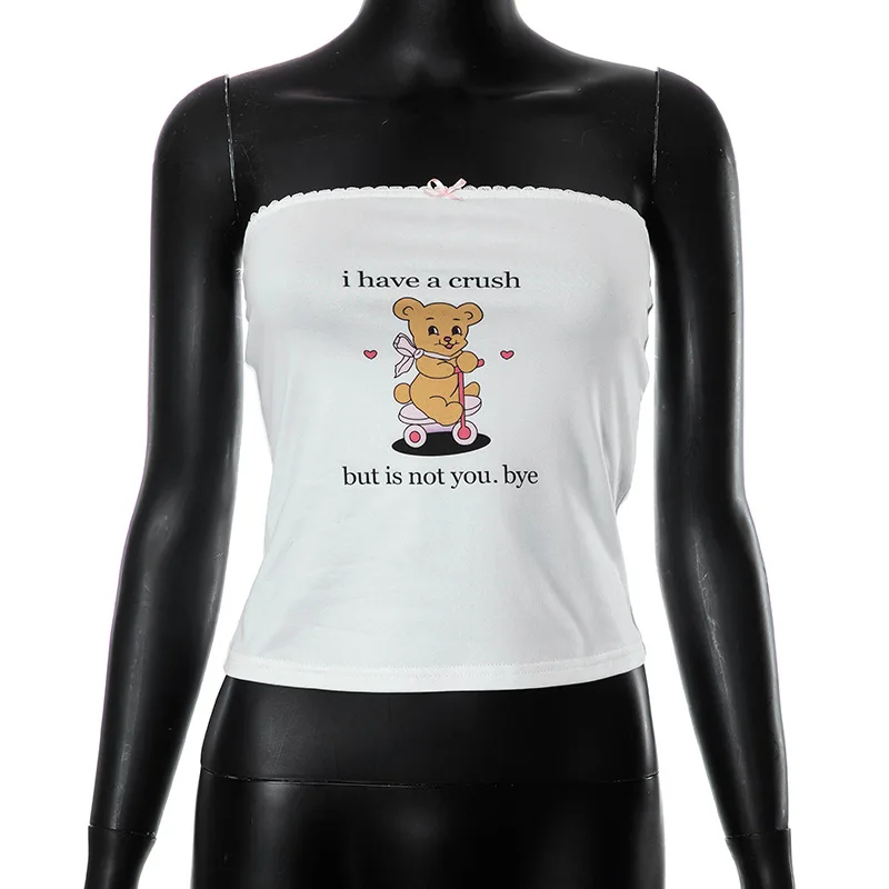 Top de corsé blanco sin mangas de verano con estampado de letras de oso bonito, top corto sexy ajustado para mujer, ropa de moda con lazo de encaje, ropa de mujer