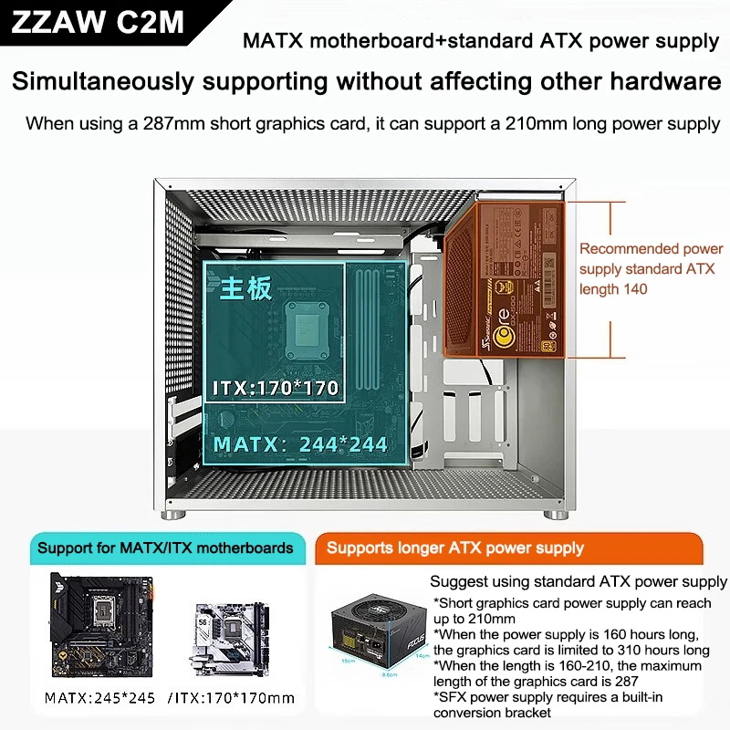 ZZAW C2M Small All Aluminum MATX Case ATX Power Supply 240 Water
