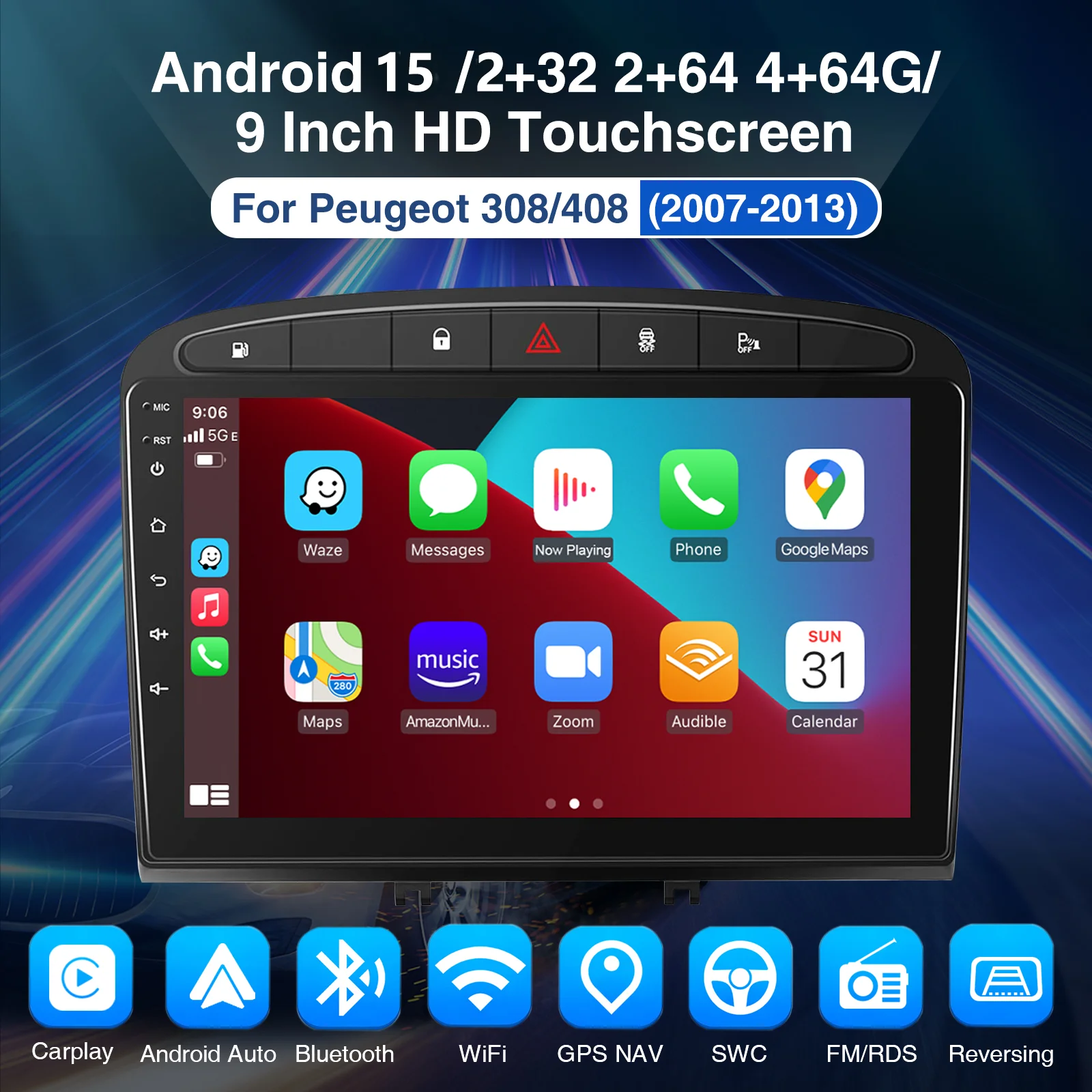 ESSGOO Autoradio Android 15 9" 4+64G / 2+32G für Peugeot 308 408 2007-2015 Wireless CarPlay Android Auto GPS Navigation RDS FM WiFi Bluetooth Mirror Link Touchscreen Lenkradsteuerung – Detail 2