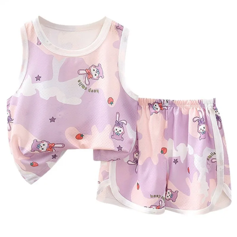 Children's Ice Silk Qui Dry Thin Sport Vest Set Summer Home Clothes Spwear Two Piece Set for Boys And Girls