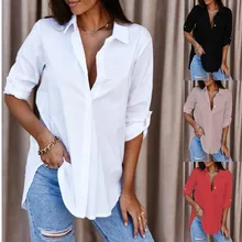 

2022 Spring Summer Women Blouse White Shirts Tops Casual Style Oversized Blouses Female Plain V-neck button Loose Shirts
