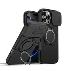 Premium Heavy Duty Rugged Armor Magnetic Bracket Phone Case with Slide Camera Protection Cover - iPhone 15 Plus (Black)