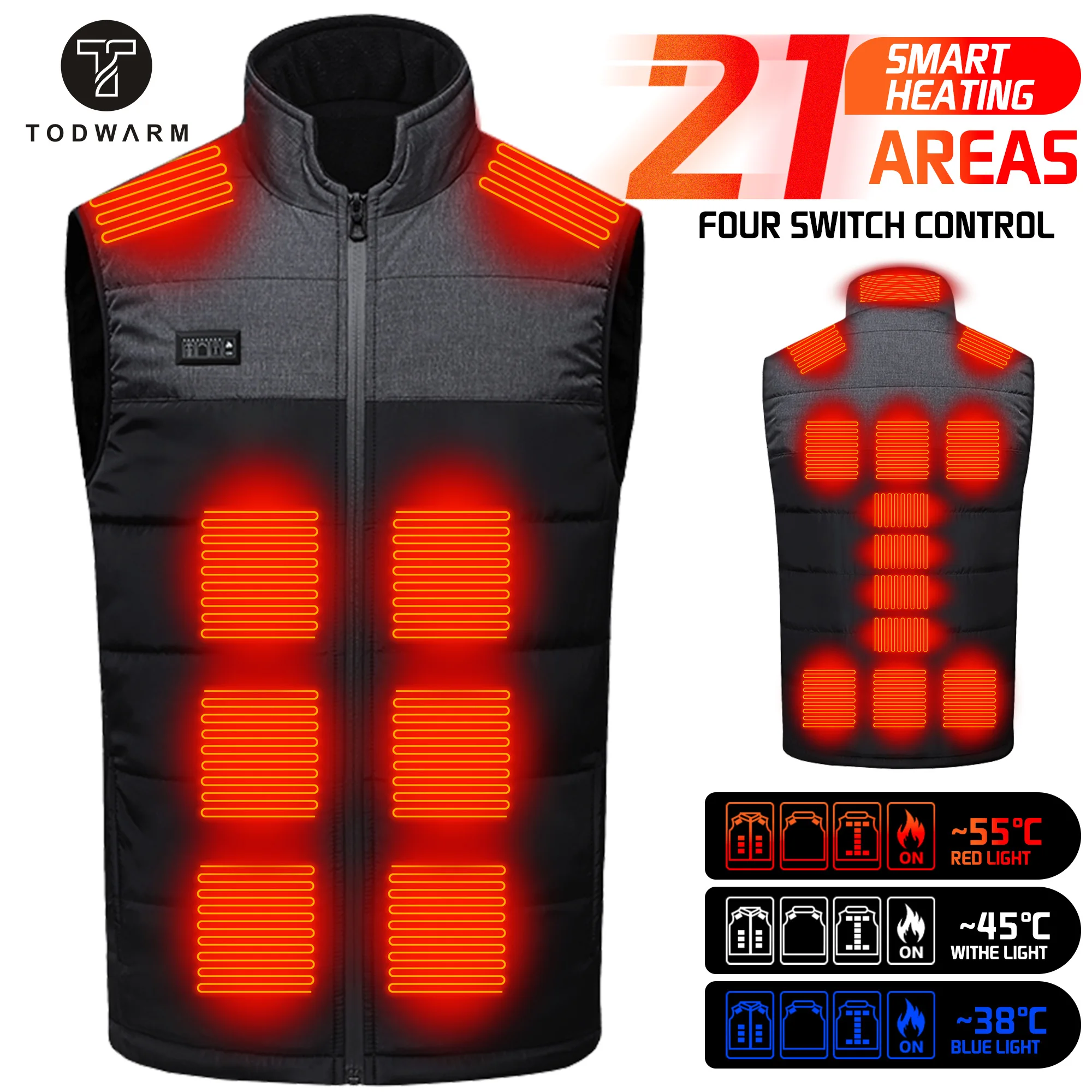 TODWARM Heating Vest Dual control 21Areas Heating Men Women Winter Electric Thermal Clothing Waistcoat For Sports Hiking USB