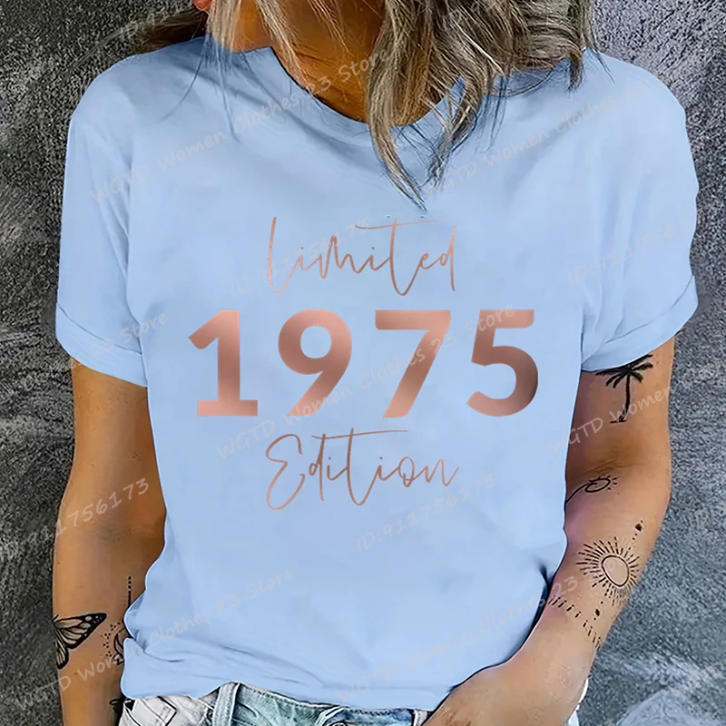 Limited Edition 1975 Vintage 70th Birthday Letter Print T-Shirts, Women's Casual Short Sleeve Crew Neck Top for Summer & Spring 5