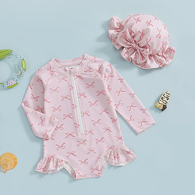 Toddler Baby Girl Rash Guard Swimsuit with Sun Hat 2 Piece Beachwear Children Long Sleeve Bow/Cherry Print Bathing Suit Swimwear 5
