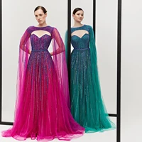 Luxury Dubai Fuchsia Evening Dresses with Cape Sleeves 2024 Emerald Green Women Wedding Party Dress 386 Customized 1