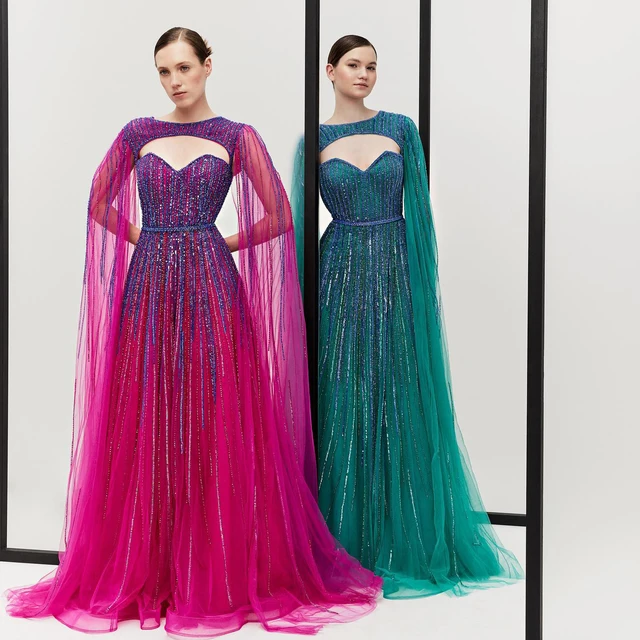 Luxury Dubai Fuchsia Evening Dresses with Cape Sleeves 2024 Emerald Green Women Wedding Party Dress 386 Customized 3