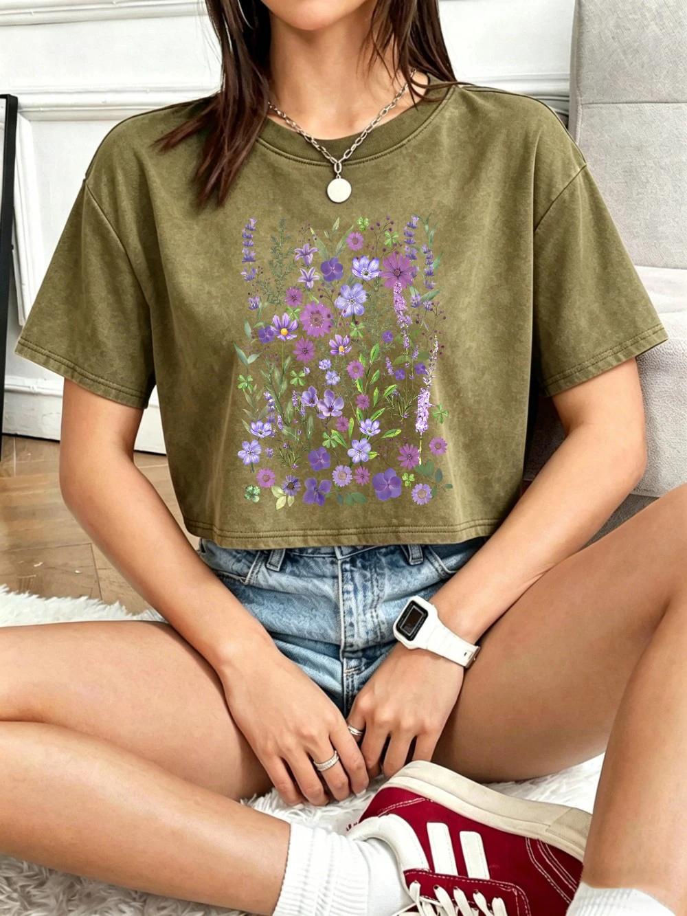 Purple Watercolor Floral Print Women's Summer Cotton Crop Top