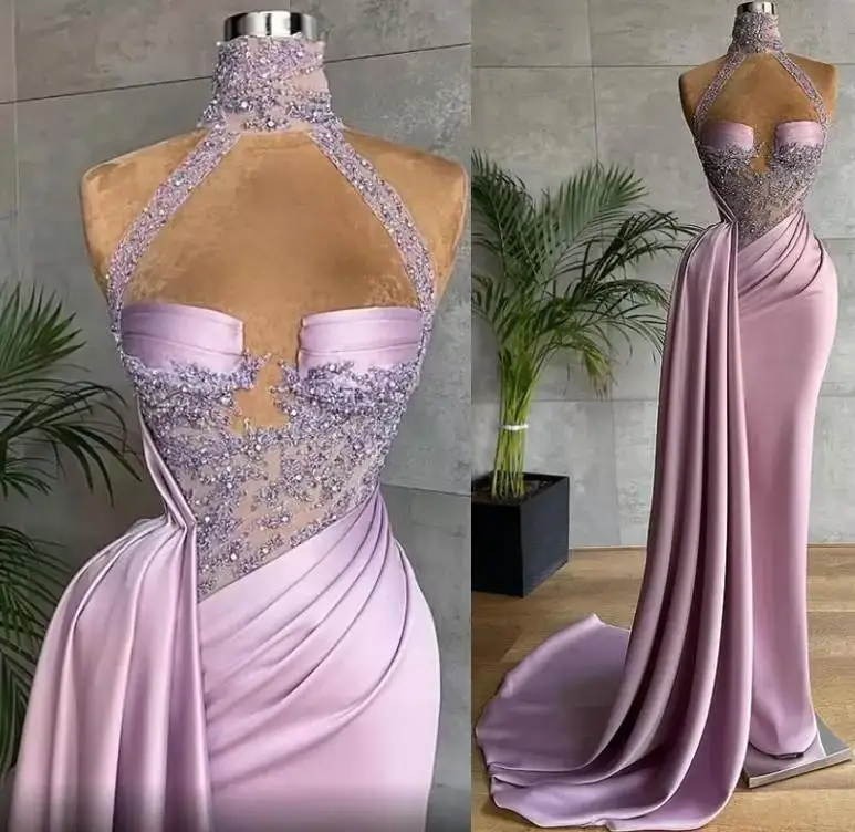 Arabic Plus Size Lilac Lace Beaded Evening Dresses High Neck Sexy Sheath Prom Formal Party Second Reception Gowns mini prom & dance dresses