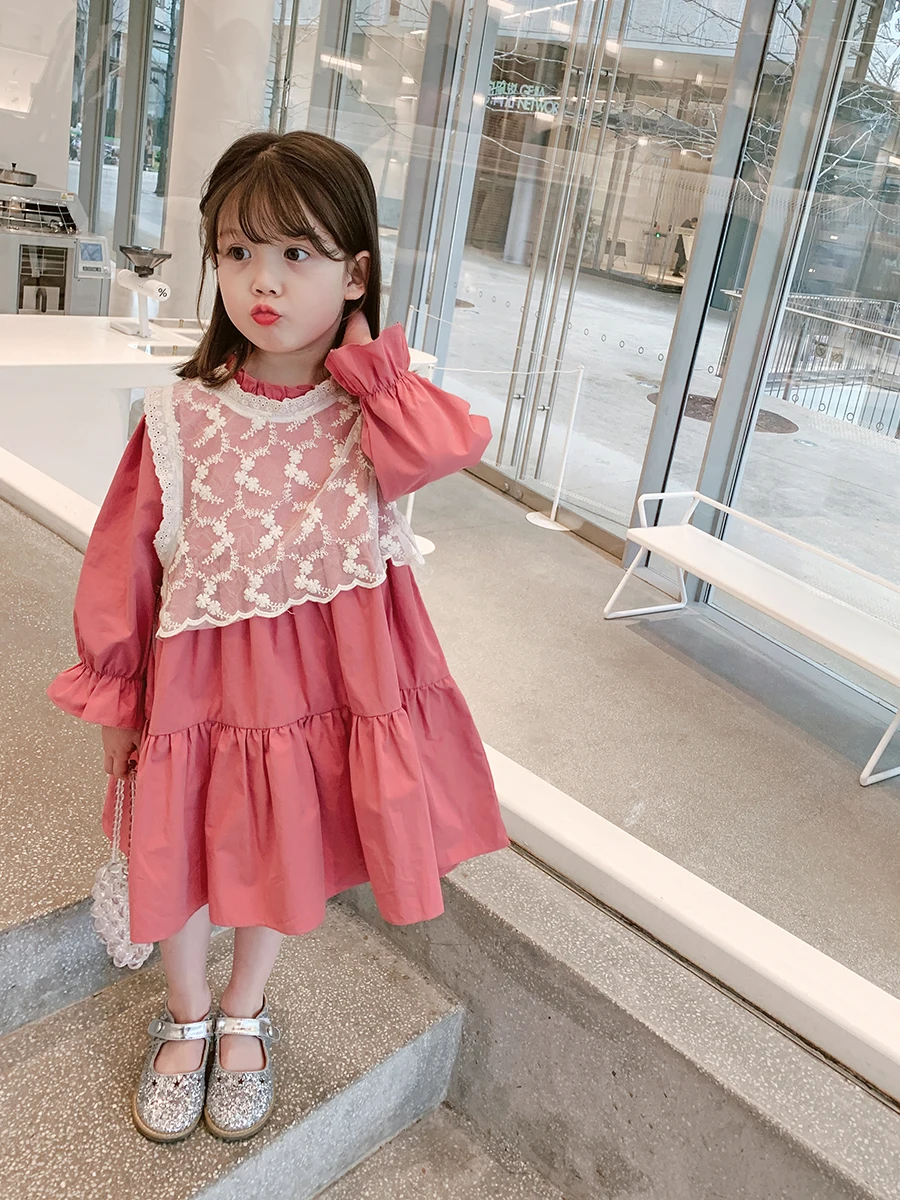 Dress Full Sleeve Knee Length Pullover A-line Solid Regular Cotton New Fashion Simple Sweet Spring Autumn Children Girls