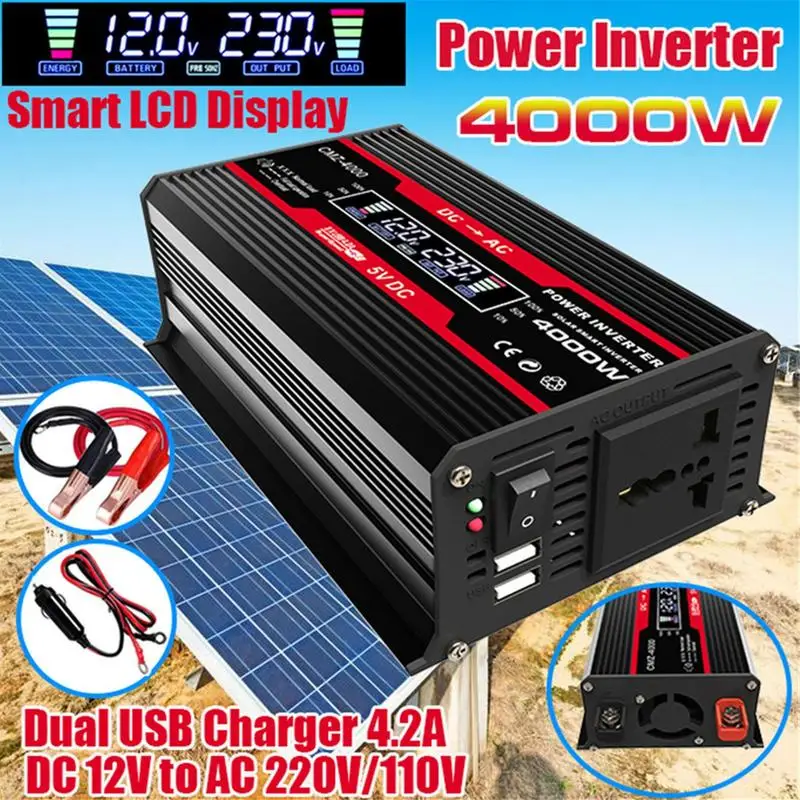 4000W Pure SineWave Inverter 12V To 220V 110V Dual USB Voltage Transformer Power Converter Car Inverter Adapter For Home car converter,power inverter converter