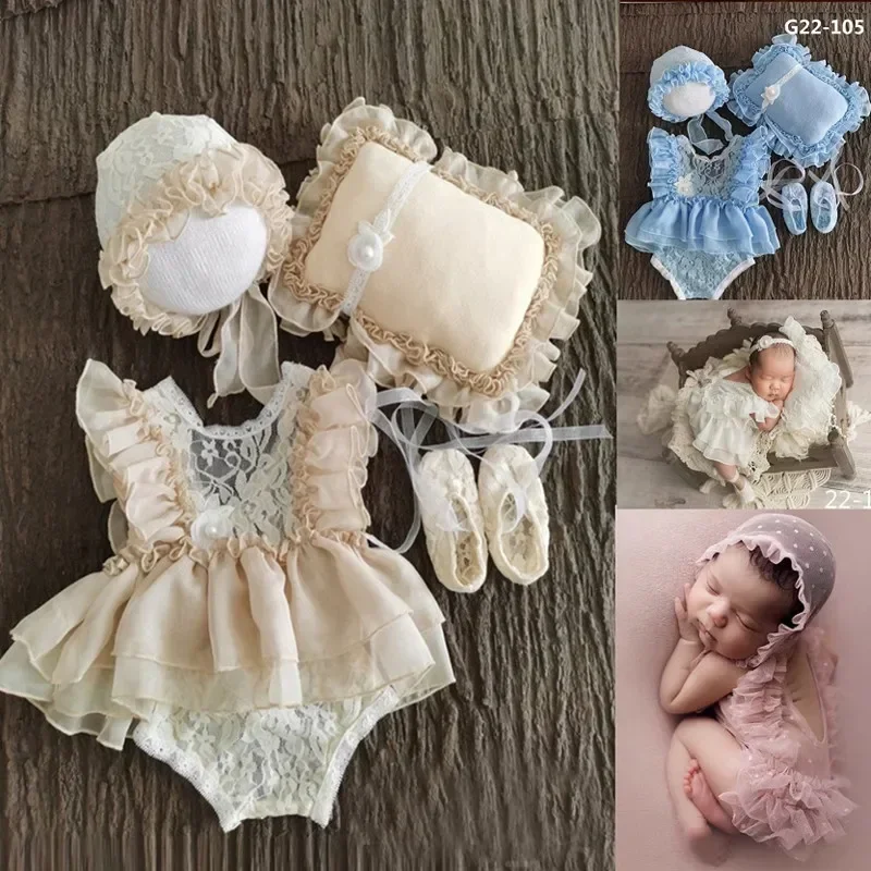 

2Pcs/Set Newborn Photography Props Baby Hat & Dress Princess Girl Lace Romper Bodysuits Outfit Studio Shoot Clothing Fotografia