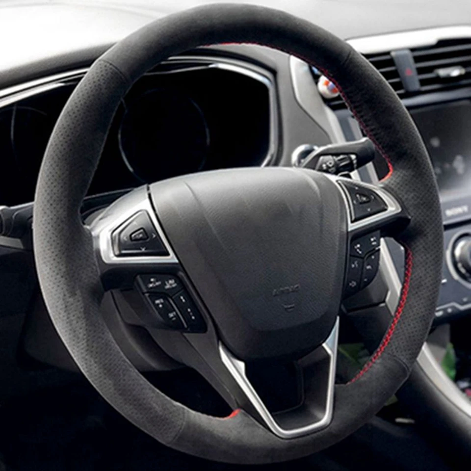 Auto Zubehör Schwarz Wildleder Braid Hand Nähen Auto Lenkrad Abdeckung Für Ford Mondeo Fusion 2013-2019 RAND 2015-2019 – Detail 1