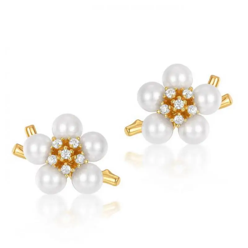 

Natural Pearl Earring S925 Sterling Silver 9k Gold Plated Shell Pearls Plum Blossom Flower Stud Earrings Women Gemstone Jewelry