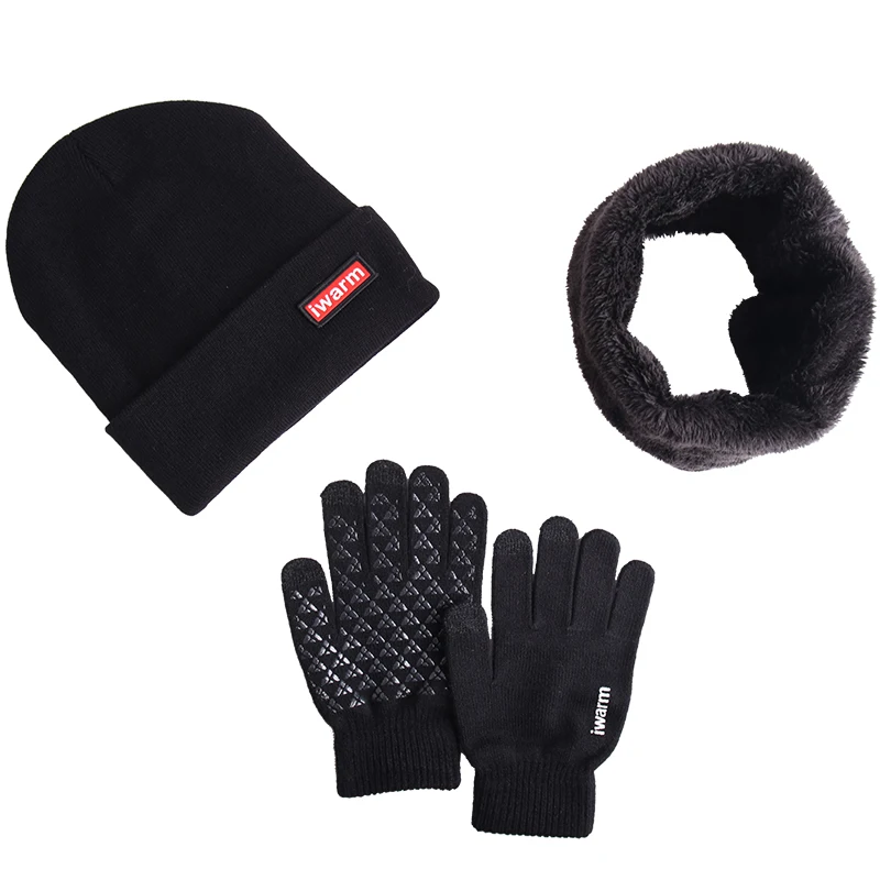 iwarm A three piece set of hats, scarves, and gloves for both men and women in winter. The plush thick style is very warm
