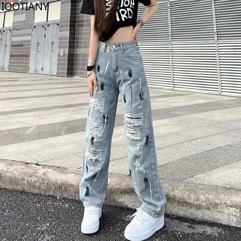 

Women Summer Denim Long Pants Vintage Jeans High Waist Fashion Ripped Splash Ink Trouser Loose Straight Floor Mopping Streetwear