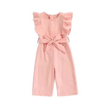 2022-02-12 Lioraitiin 1-6Years Toddler Baby Girl Summer Romper Off Shoulder Solid Pink O-Neck Jumpsuit Casual Clothing 1