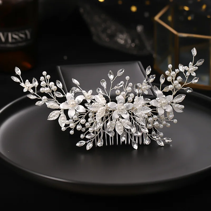 Bride Silver Flower Comb Handmade Pearl Hairpin bridal hair accessories hair accessories