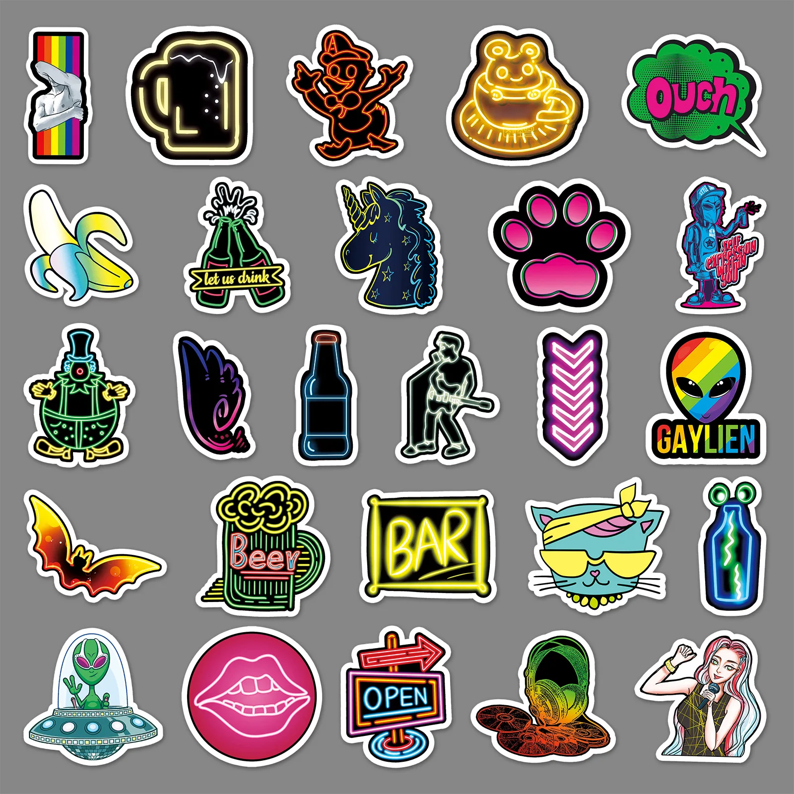 53PCS Neon Decorative Stickers Fashion Waterproof Graffiti Stickers