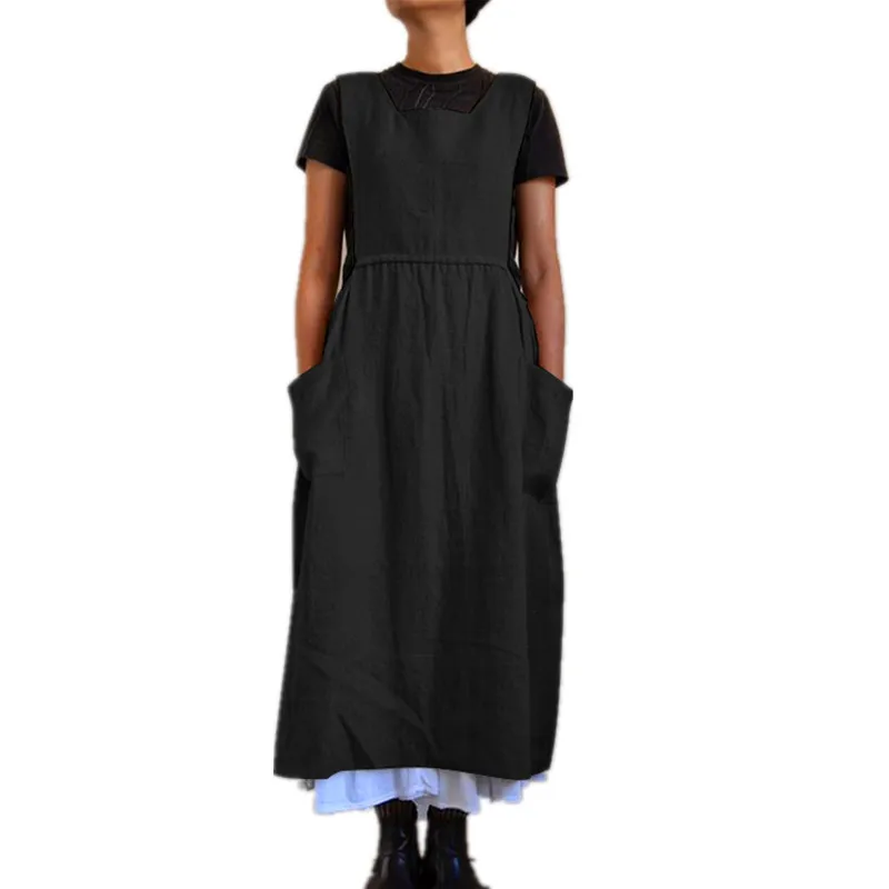 Cotton Linen Apron Dress For Women Casual Homewear