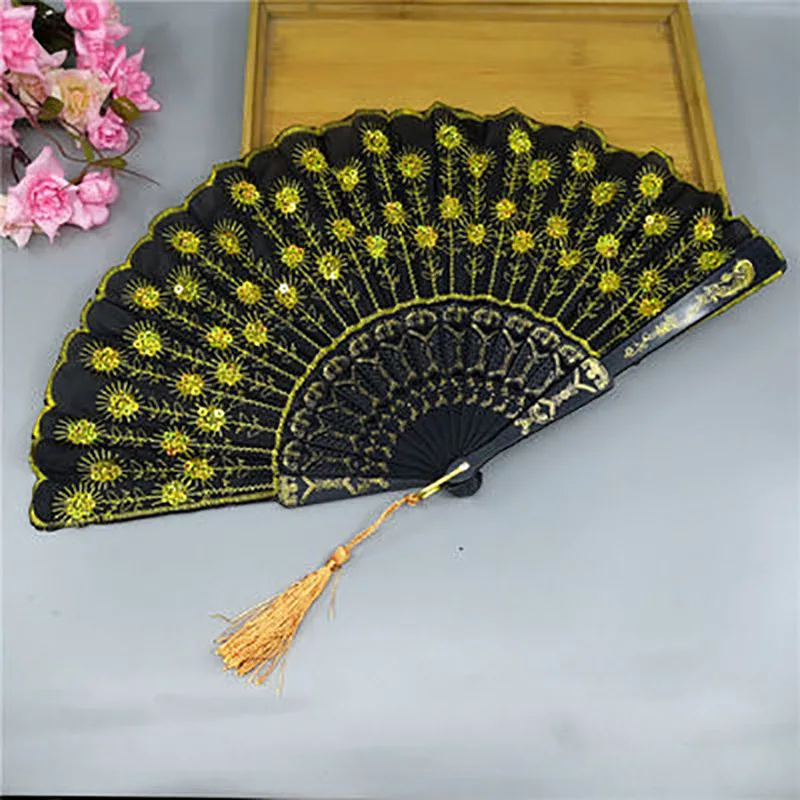 Ancient Folding Plastic Bone Hand Fan for Women, Sequins Decor, Portable Dance Fan, Photo Props, Wedding Party Accessories