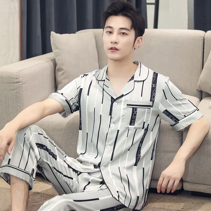 Summer Silk Sleepwear Men Pajamas Sets Tops Pants Two Pieces Loungewear Nightwear Lounge Suits Pajamas Loose Sleep Lounge New