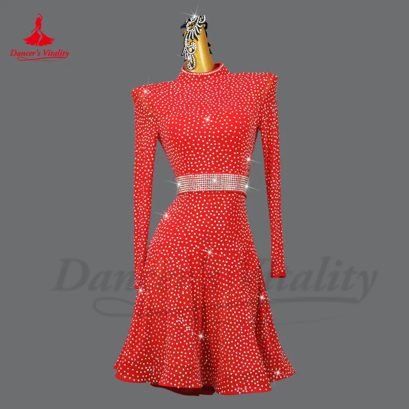 

Latin Dance Clothes Women Rumba Chacha Competition Clothing Adult Long Sleeve Profession Full Stones Skirt Latin Dancing Drsses