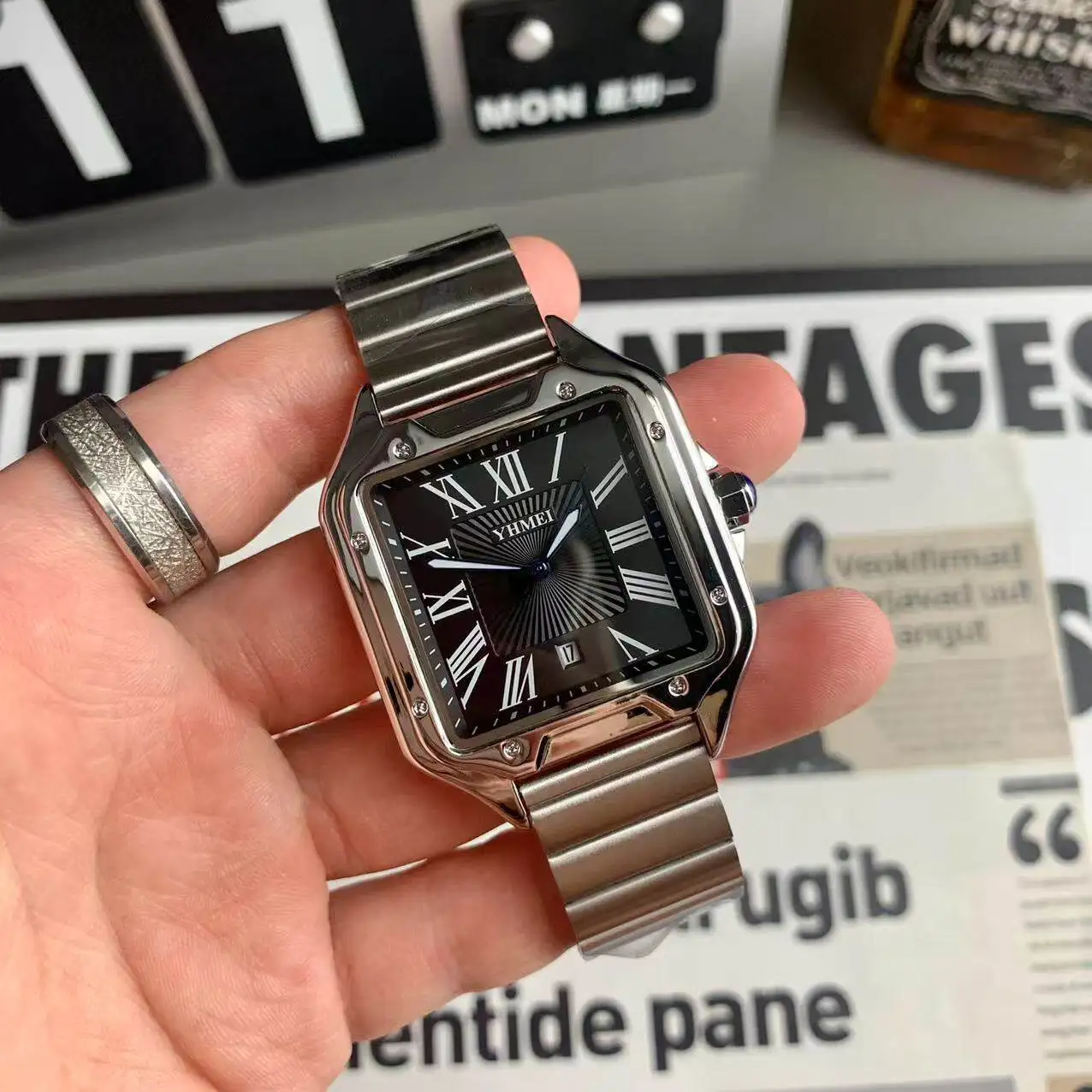 Luxury Watch for Men Square Rectangle Reloj Sliver Orologio Black Leather Strap Stainless Steel Quartz Wristwatch Male Man Clock
