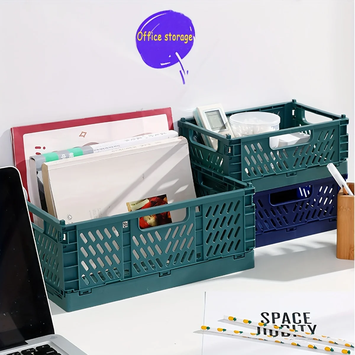 Stacked foldable storage crates in different colors
