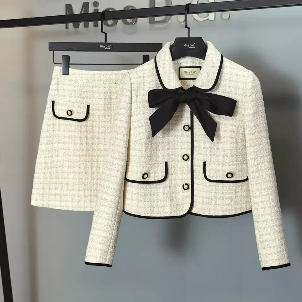 High-Quality Tweed Suit Female Autumn Fashion Bow Single Breasted Short  Jacket Coat + A-line Mini Skirt Elegant Two-Piece Set