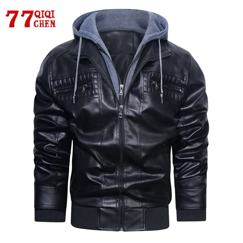 

Мужская байкерская куртка из искусственной кожи, винтажная мотоциклетная куртка с капюшоном из двух частей, Повседневная флисовая водонепроницаемая куртка с воротником-стойкой на осень