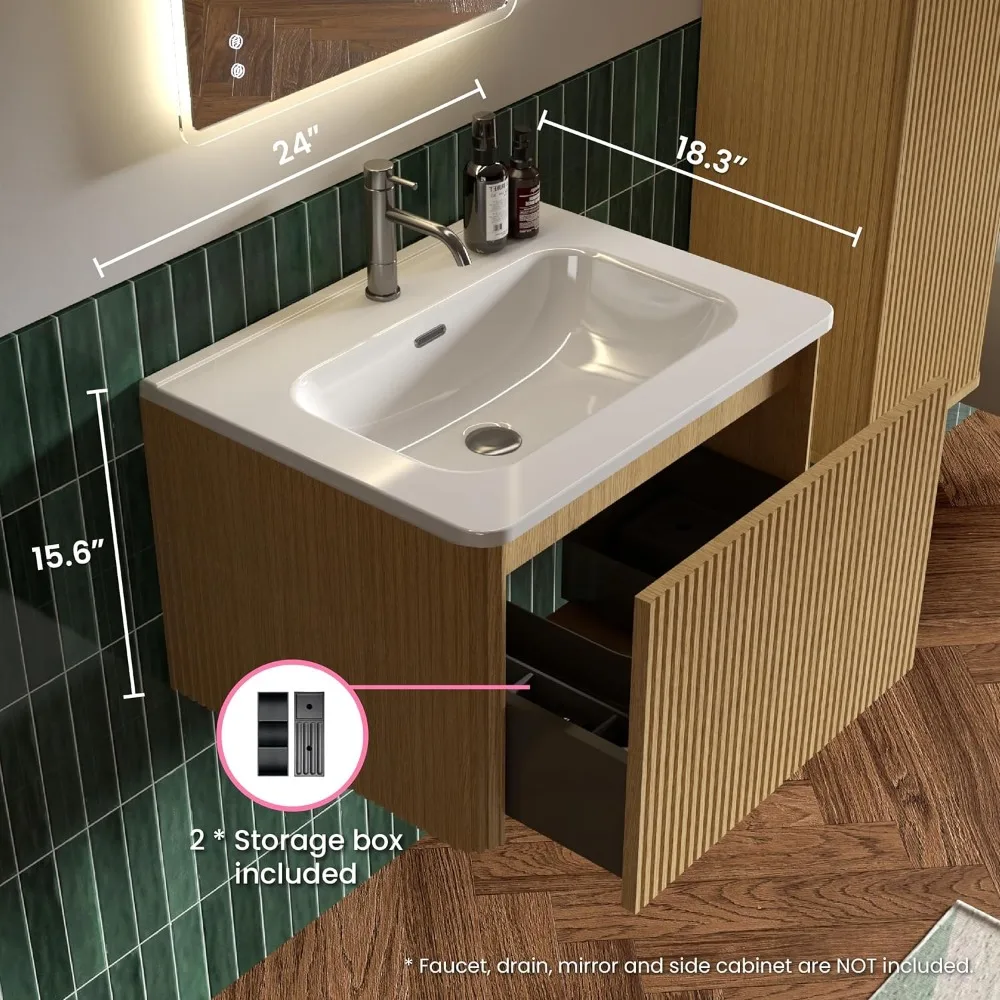 24" Bathroom Vanity with Sink,Modern Floating Vanity with Push Open Soft Close Drawer,Large Storage for Small Space,Natural Oak 5