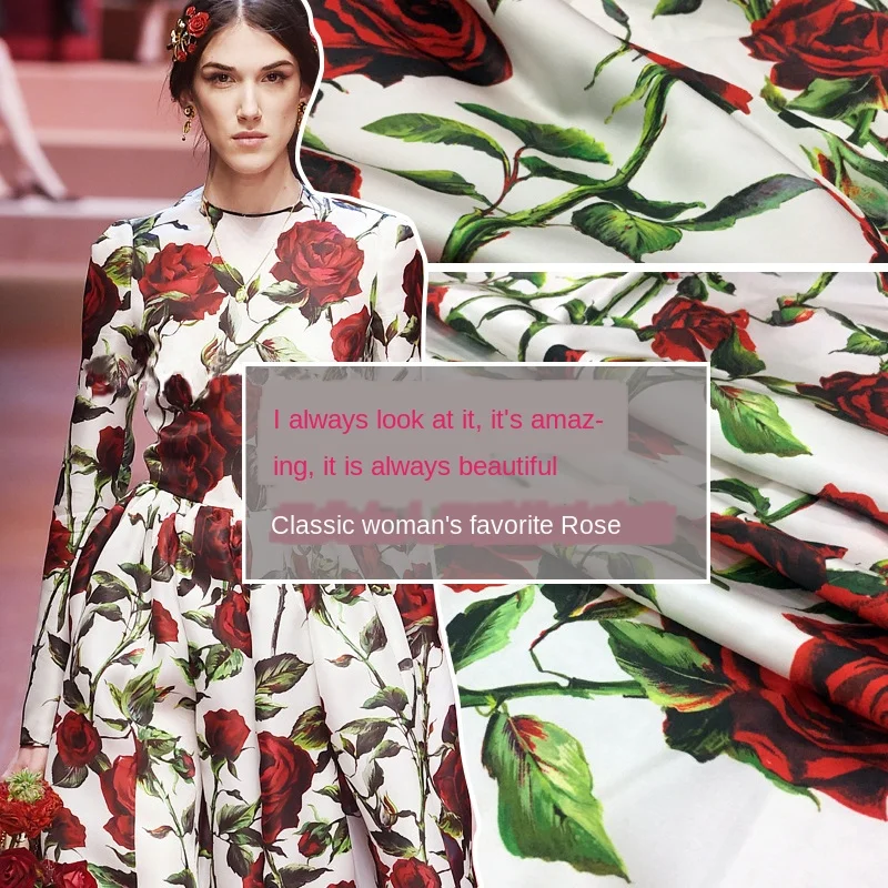 

Rose Flower Printed Polyester Stretch Satin Fabric Thin See-through Parent-child Clothing Shirt Chiffon DIY Cloth by the Yard