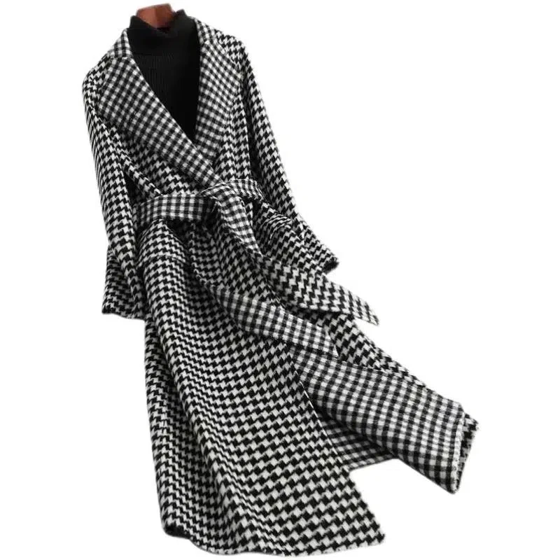 

2022 Autumn Winter New Houndstooth Wool Jacket Women's Windbreaker Coat Fashion Female Temperament Slim Long Overcoat With belt