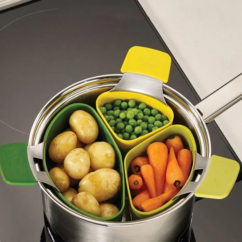 

Silicone Food Steamer Set Vegetable Fruit Food Basket Steamer Rack Cookware Utensils for Cooking Steam Kitchen Supplies 3pcs/Set