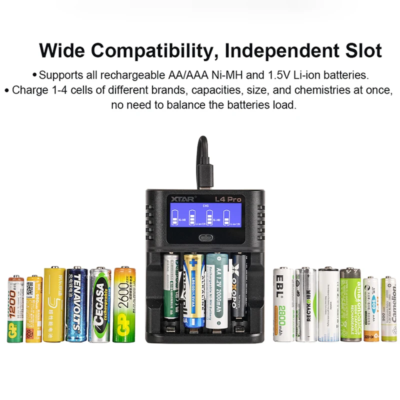 XTAR L4 Pro smart charger for AA AAA 1.5V Li-ion and Ni-MH batteries with smart repair low heat and safety protection adapter