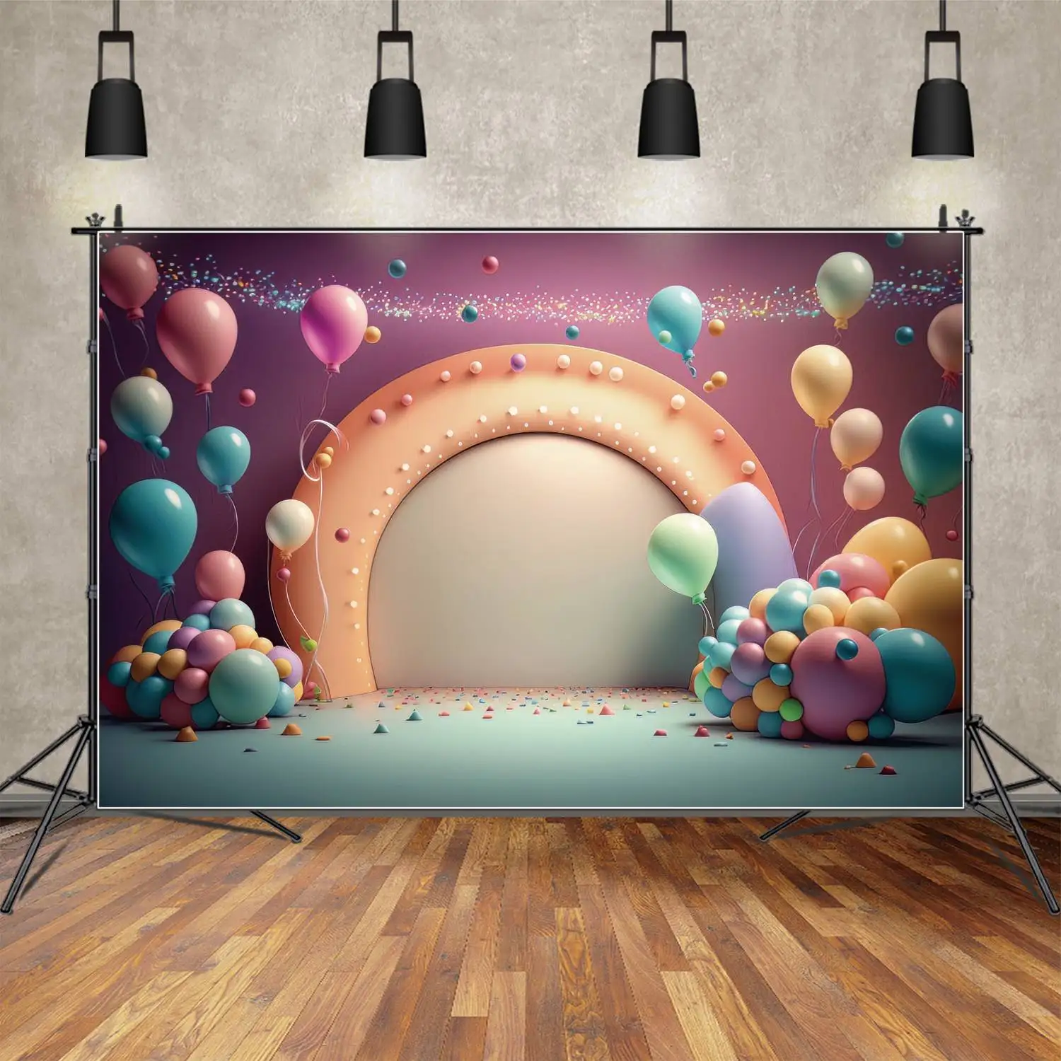 

Birthday Party Arch Photography Backdrops Colorful Balloon Glitters Customized Children Photo Backgrounds Photoshoot Props