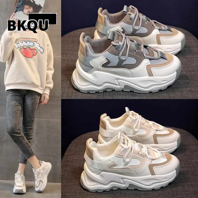 

BKQU 2023 женские весенние кроссовки на массивной платформе, серо-коричневая спортивная обувь, удобные повседневные высокие кроссовки для женщин