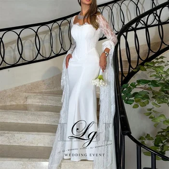 Abito da sposa a sirena LIGI personalizzato, elegante, color avorio, con scollo a cuore, in pizzo, a maniche lunghe, in raso opaco, lunghezza al pavimento