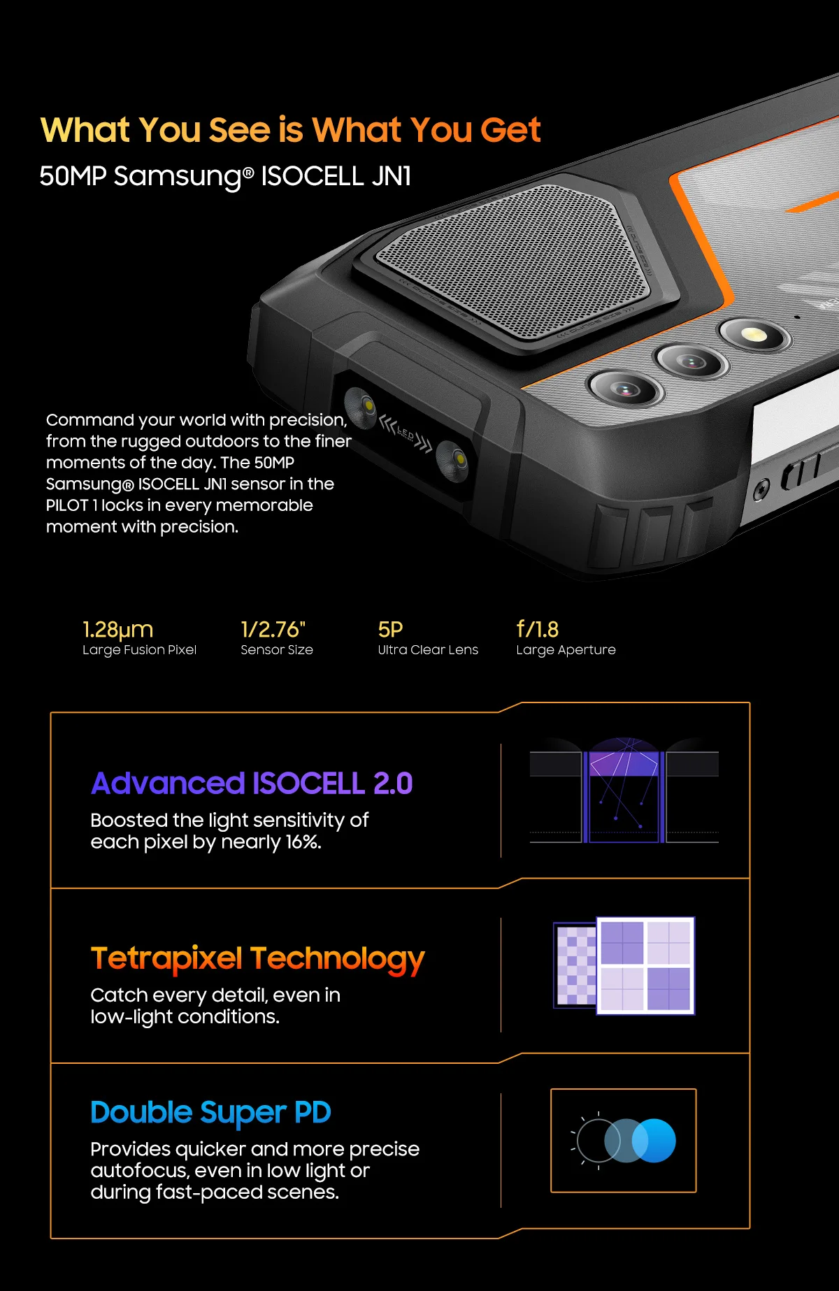 OSCAL Pilot 1 6.67'' Rugged Phone, Gemini AI Android 14 Waterproof Outdoor Phone 6GB+256GB, Octa Core, 15000mAh (33W), Dual 4G