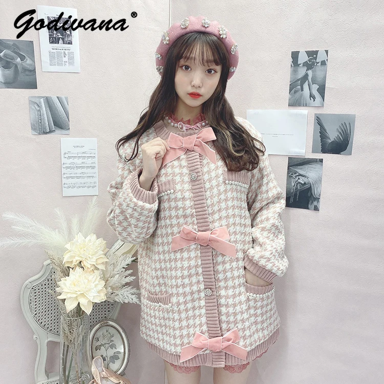 Japanese Style Sweet Pearl Beaded Bow Decoration Houndstooth Coat Autumn and Winter Women's Knitted Wool Coat Outwear japanese style sweet pearl beaded bow decoration houndstooth coat autumn and winter women s knitted wool coat outwear