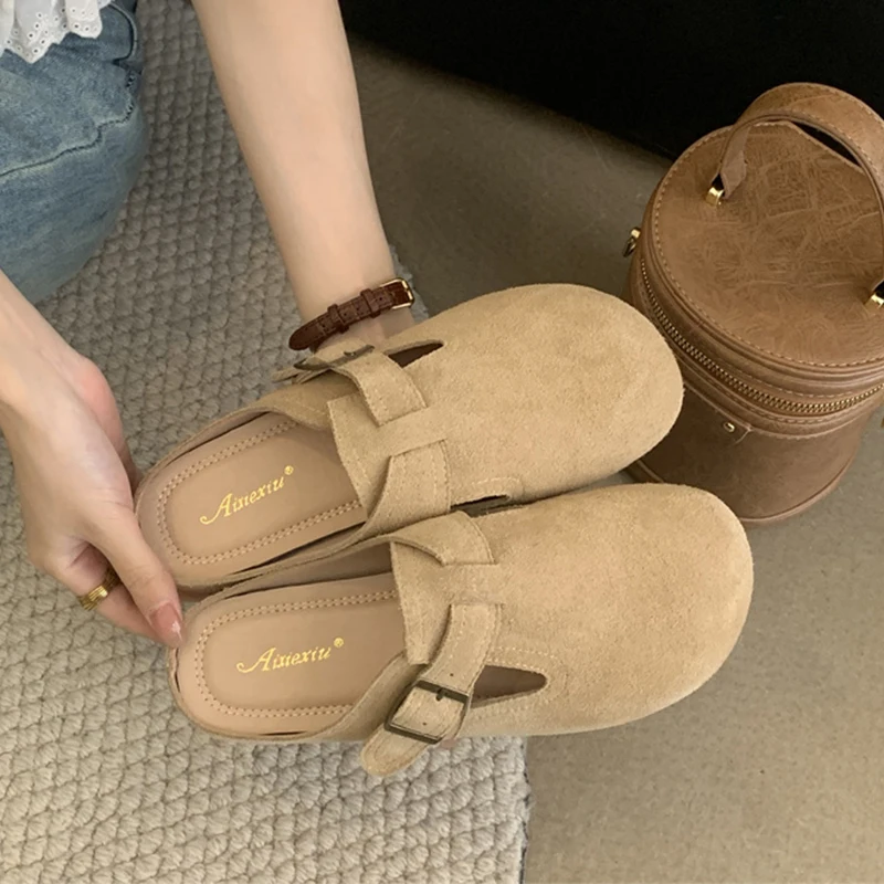 ZOOKERLIN Spring Autumn New Home Women Slippers Genuine Leather Shoes For Women Clogs Outdoor Non-slip Slides Flat Shoes Buckles