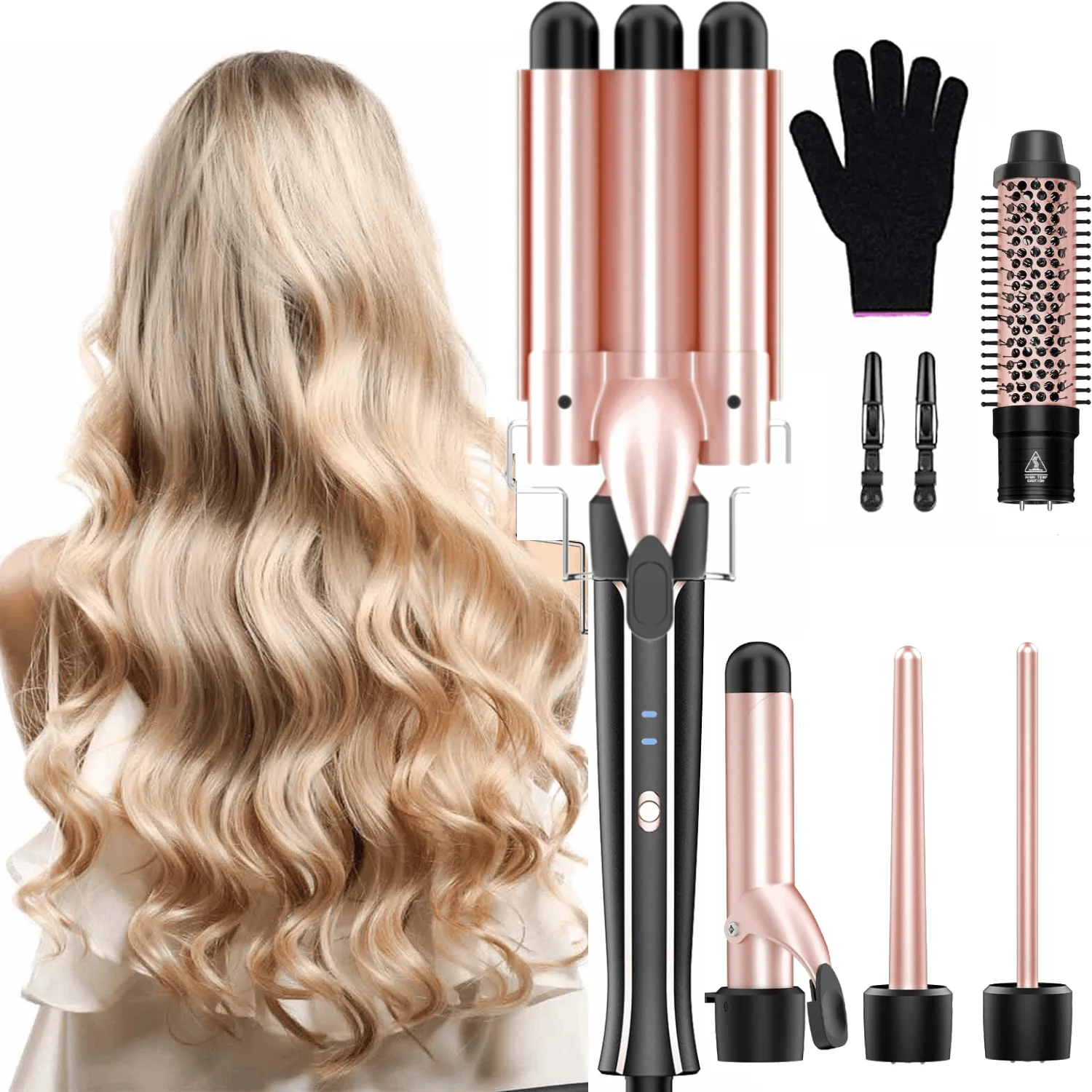Hair Curler Hair Tools 5 in 1 Curling Iron Set with Curling Brush 0.35&rdquo;-1.25&rdquo; Hair Curler Wand for Hairstyle and Heat Resistant Gloves and Hair Clips