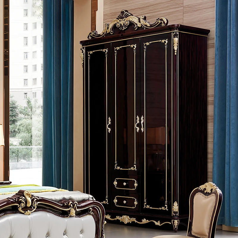 

European style wardrobe, dark master bedroom coat cabinet, kitchen, solid wood carving, baking paint wardrobe, door opening cabi