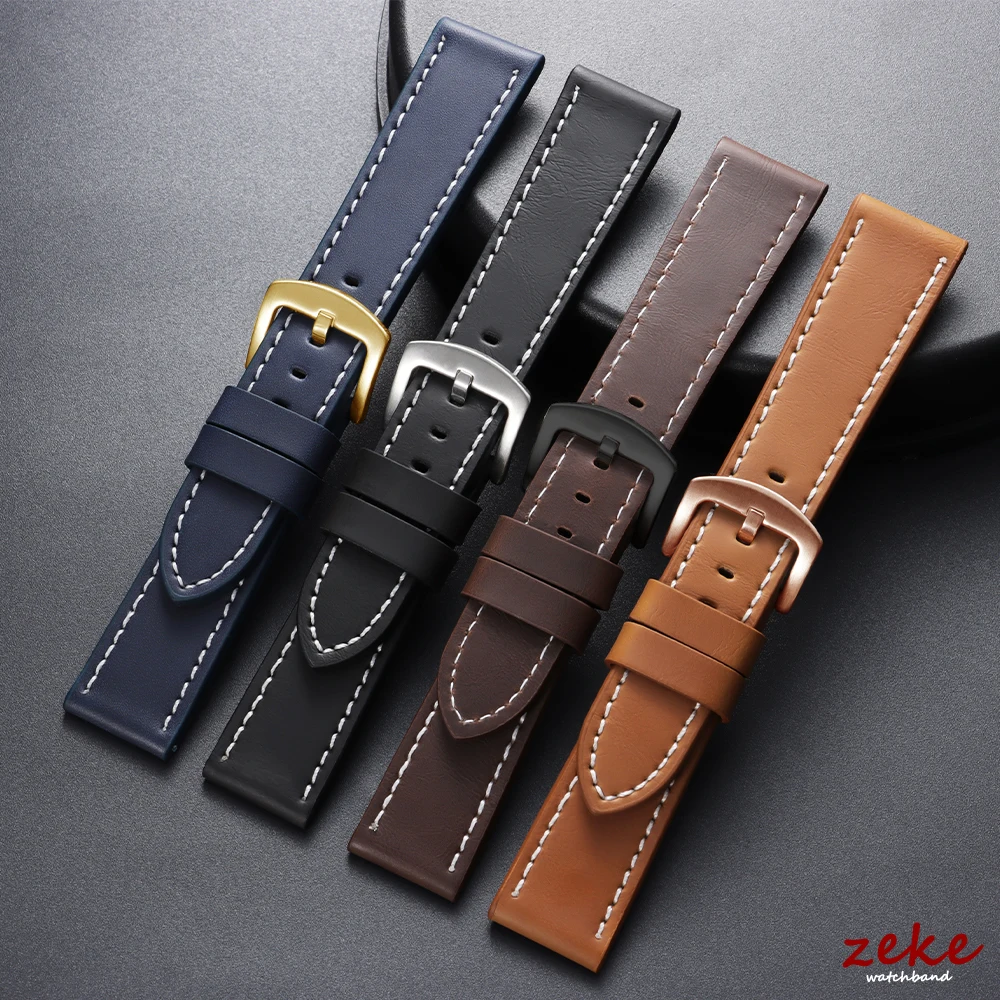 Stitched Brown Genuine Leather Sports Watch Band with Steel Clasp