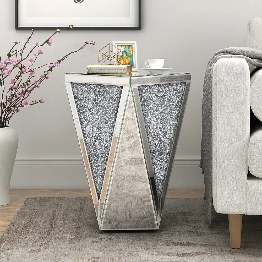 Mirrored End Table Diamond Setting Side Table Pedestal Stand for Hallway, Living Room 1