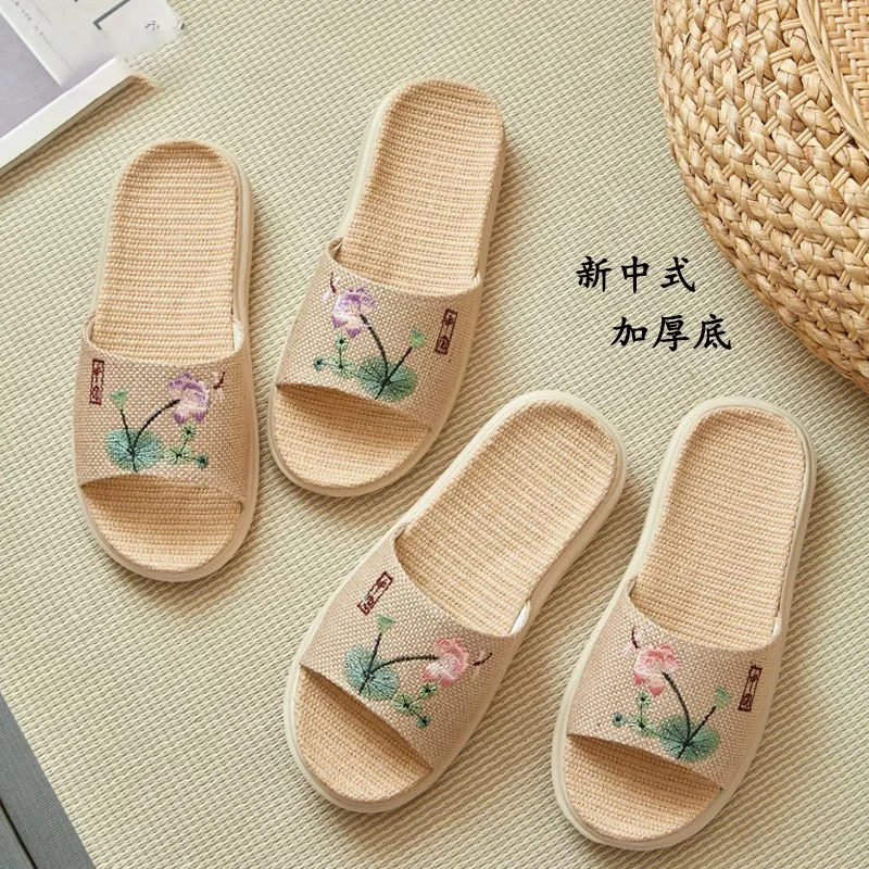 Flax cotton and linen slippers women open thick-soled embroidery couple home slippers