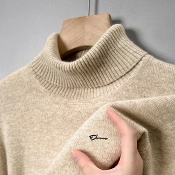 Light Luxury Men's Knitt Pullover Turtleneck Letter Print Thicken Sweater Winter Business Fashion Elastic Soft New Men's Wear